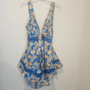 Floral Blue and Beige Ruffle Rhomper